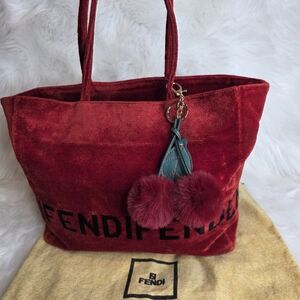 Fendi Red Velvet Tote Bag With Fendi Script, Fendi Dustbag, &Unbranded Bag Charm